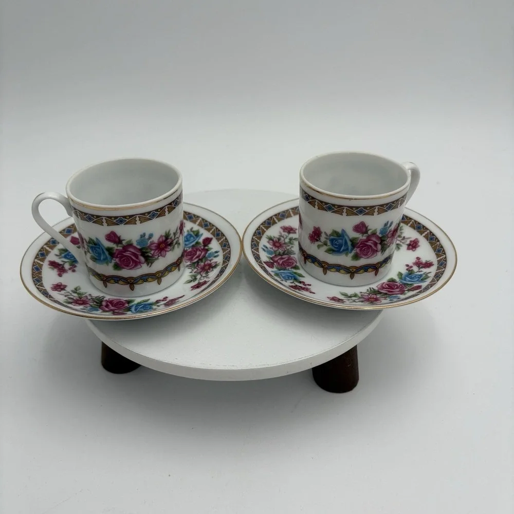 Vtg Porcelain Floral Demitasse Cup & Saucer‎ Espresso Roses 2 Sets Made In China